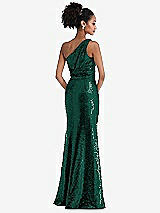 Rear View Thumbnail - Hunter Green One-Shoulder Draped Sequin Maxi Dress