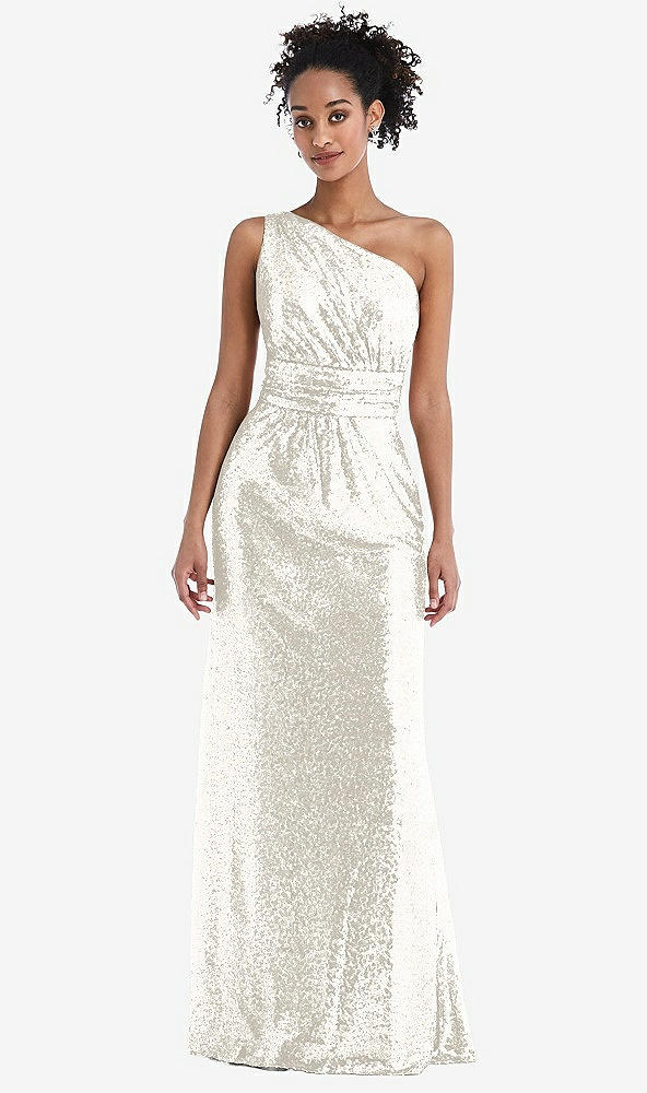 Front View - Ivory One-Shoulder Draped Sequin Maxi Dress