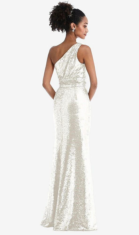 Back View - Ivory One-Shoulder Draped Sequin Maxi Dress