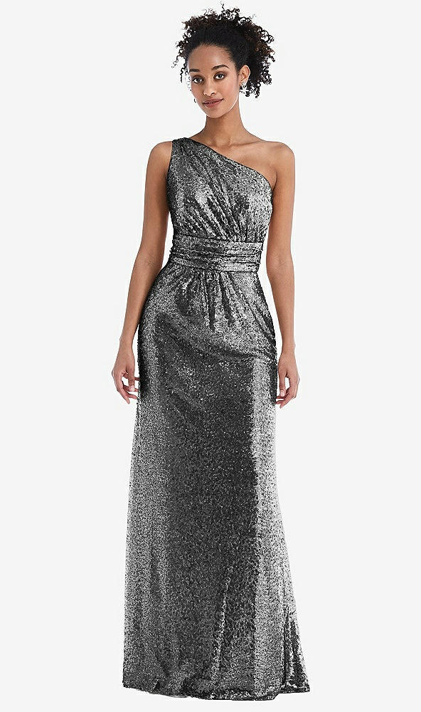 Front View - Stardust One-Shoulder Draped Sequin Maxi Dress