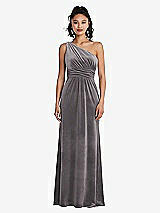 Front View Thumbnail - Caviar Gray One-Shoulder Draped Velvet Maxi Dress