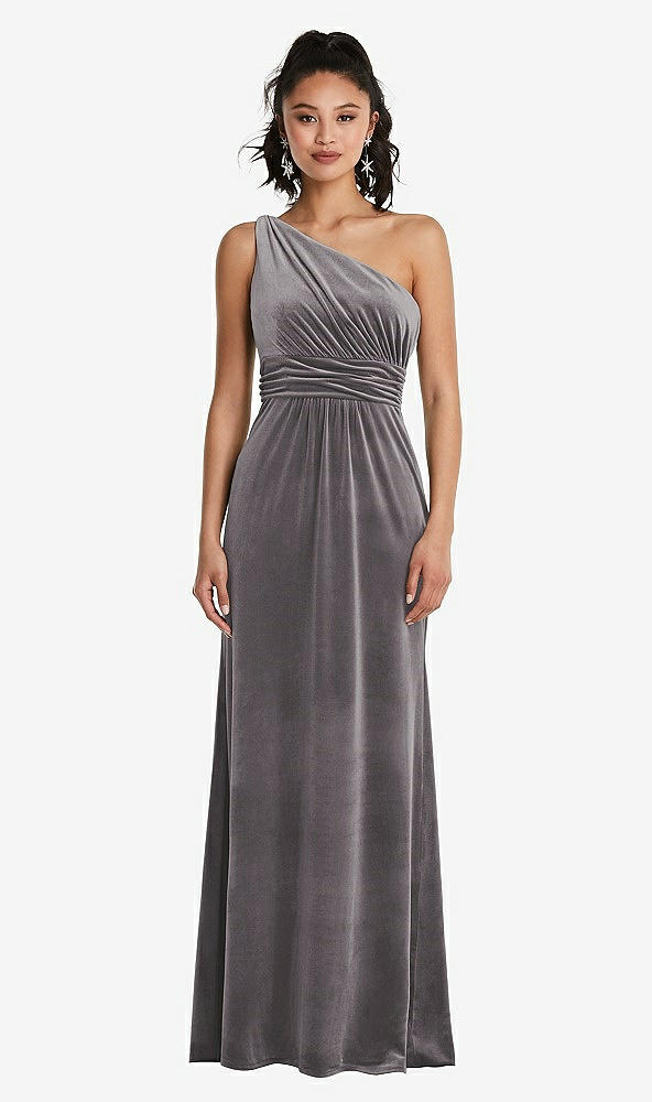 Front View - Caviar Gray One-Shoulder Draped Velvet Maxi Dress