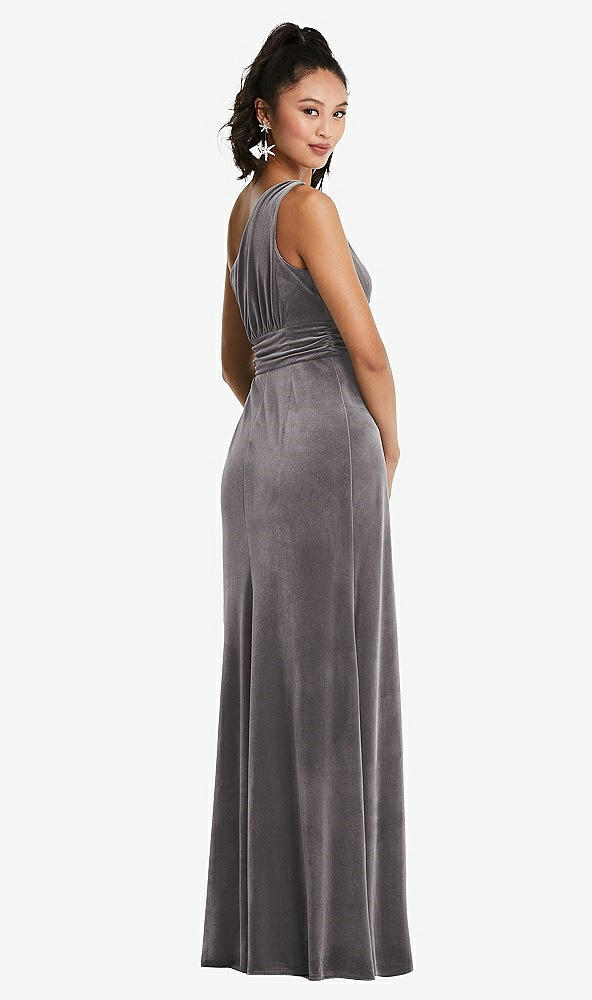 Back View - Caviar Gray One-Shoulder Draped Velvet Maxi Dress