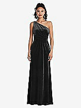 Front View Thumbnail - Black One-Shoulder Draped Velvet Maxi Dress