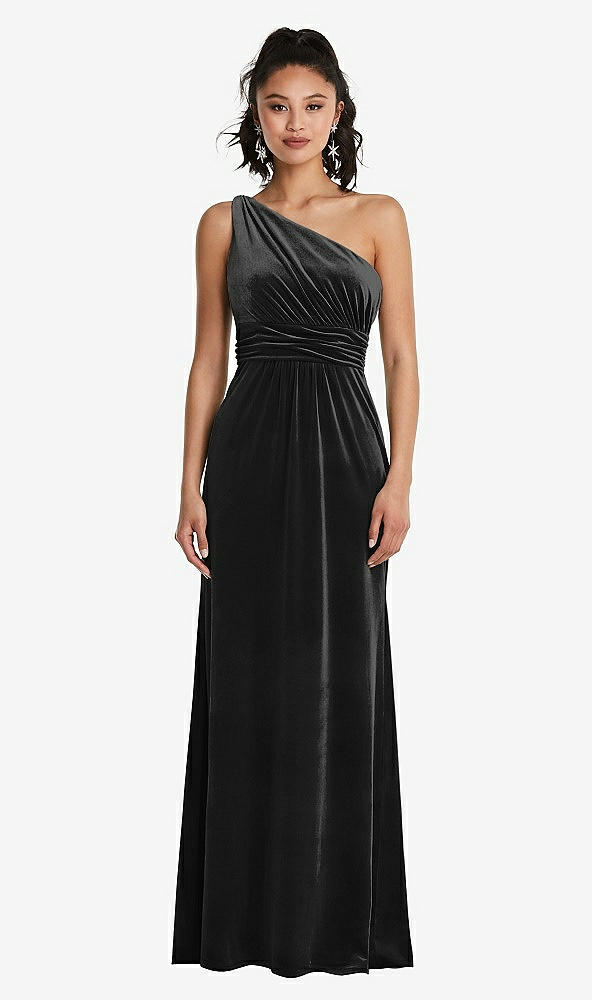 Front View - Black One-Shoulder Draped Velvet Maxi Dress