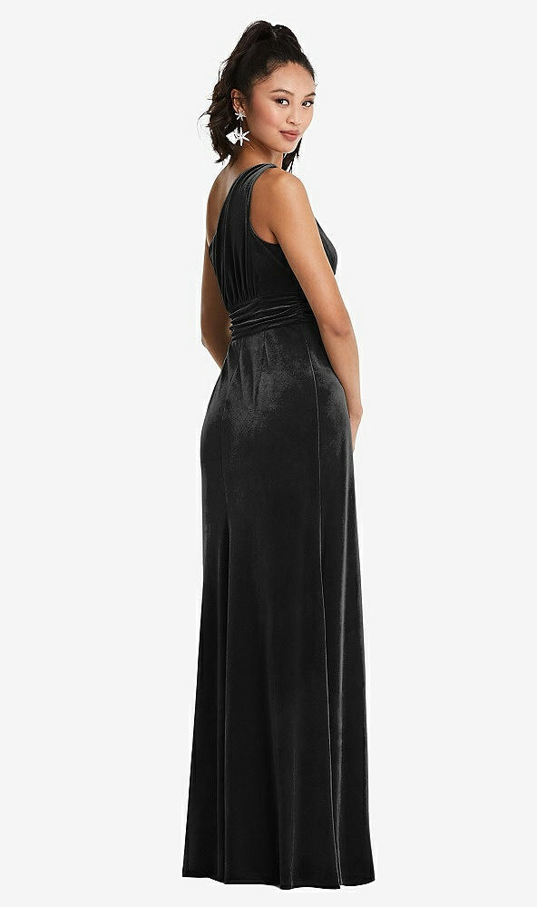 Back View - Black One-Shoulder Draped Velvet Maxi Dress