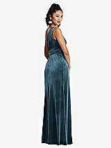 Rear View Thumbnail - Dutch Blue One-Shoulder Draped Velvet Maxi Dress