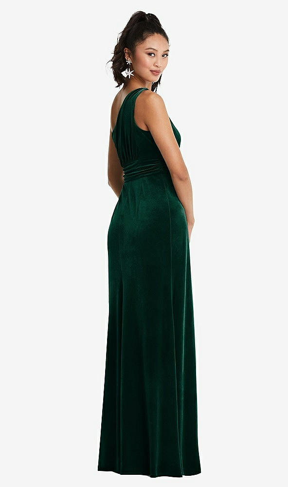 Back View - Evergreen One-Shoulder Draped Velvet Maxi Dress