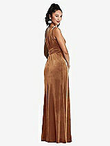 Rear View Thumbnail - Golden Almond One-Shoulder Draped Velvet Maxi Dress