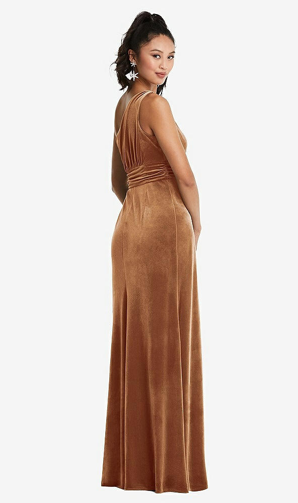 Back View - Golden Almond One-Shoulder Draped Velvet Maxi Dress