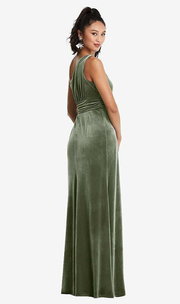 Back View - Sage One-Shoulder Draped Velvet Maxi Dress