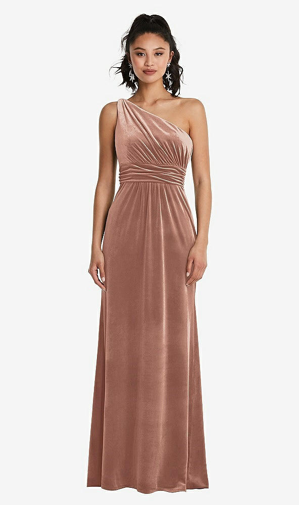 Front View - Tawny Rose One-Shoulder Draped Velvet Maxi Dress
