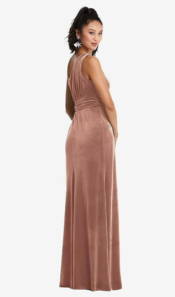 Back View - Tawny Rose One-Shoulder Draped Velvet Maxi Dress