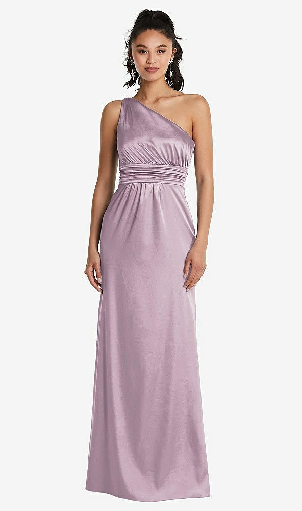 Front View - Suede Rose One-Shoulder Draped Satin Maxi Dress