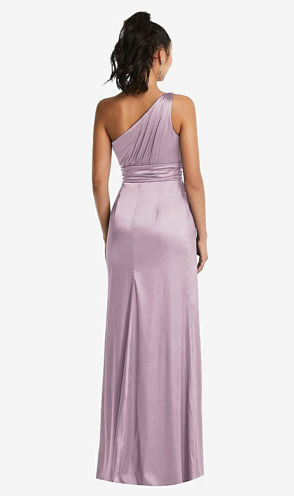 Back View - Suede Rose One-Shoulder Draped Satin Maxi Dress