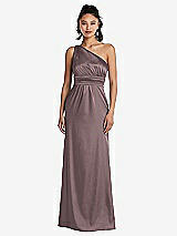 Front View Thumbnail - French Truffle One-Shoulder Draped Satin Maxi Dress