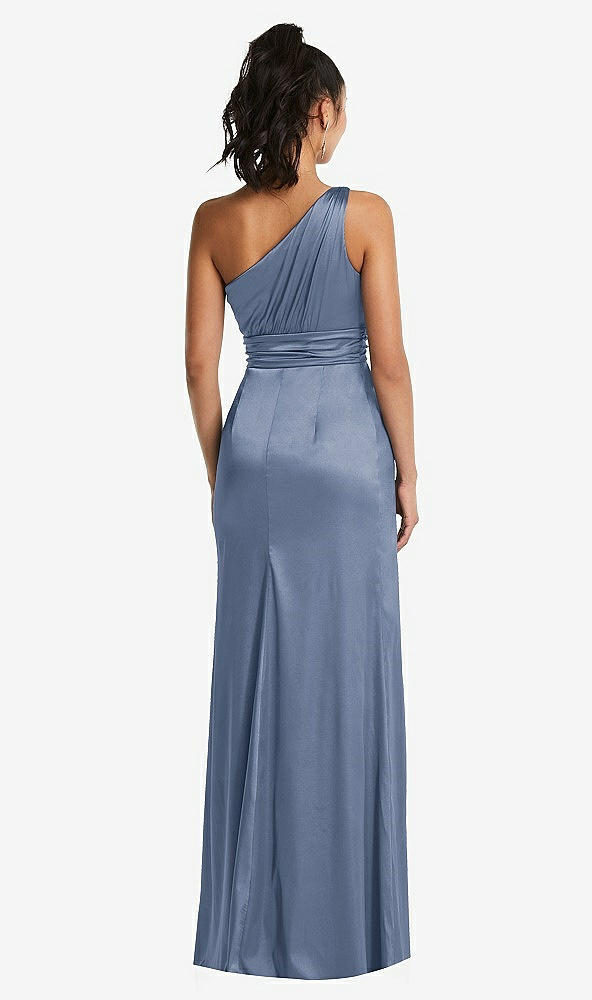 Back View - Larkspur Blue One-Shoulder Draped Satin Maxi Dress