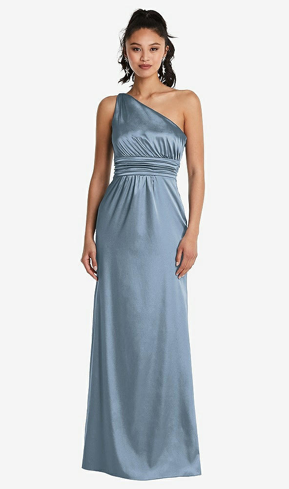 Front View - Slate One-Shoulder Draped Satin Maxi Dress