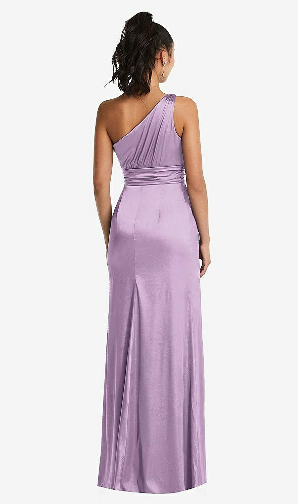 Back View - Wood Violet One-Shoulder Draped Satin Maxi Dress