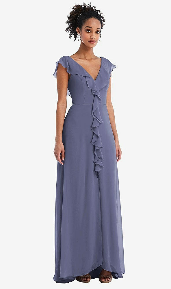 Front View - French Blue Ruffle-Trimmed V-Back Chiffon Maxi Dress