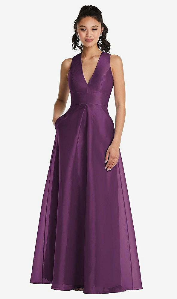 Front View - Aubergine Plunging Neckline Pleated Skirt Maxi Dress with Pockets