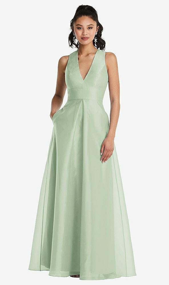 Front View - Celadon Plunging Neckline Pleated Skirt Maxi Dress with Pockets