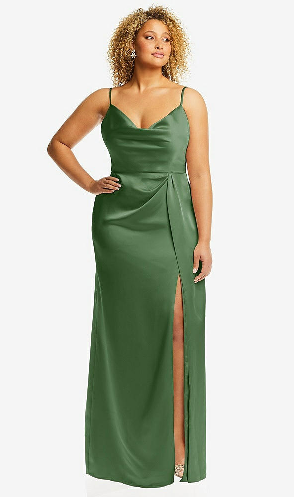 Front View - Vineyard Green Cowl-Neck Draped Wrap Maxi Dress with Front Slit