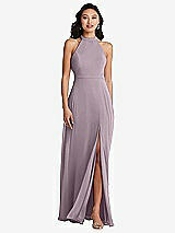 Rear View Thumbnail - Lilac Dusk Stand Collar Halter Maxi Dress with Criss Cross Open-Back