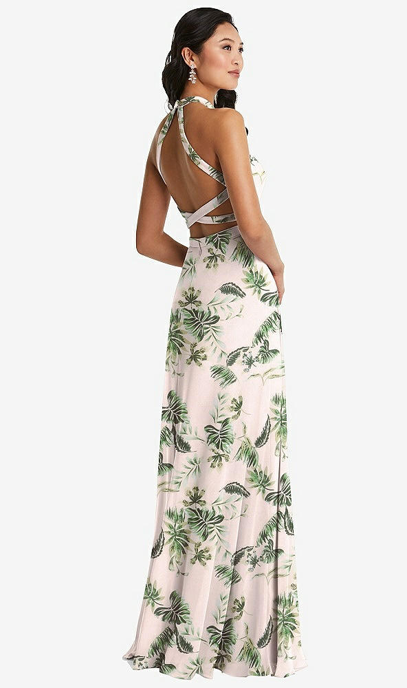 Front View - Palm Beach Print Stand Collar Halter Maxi Dress with Criss Cross Open-Back