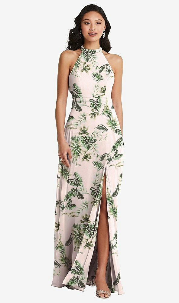Back View - Palm Beach Print Stand Collar Halter Maxi Dress with Criss Cross Open-Back
