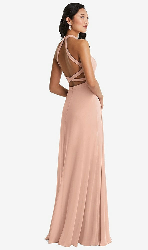 Front View - Pale Peach Stand Collar Halter Maxi Dress with Criss Cross Open-Back