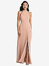 Rear View Thumbnail - Pale Peach Stand Collar Halter Maxi Dress with Criss Cross Open-Back