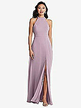 Rear View Thumbnail - Suede Rose Stand Collar Halter Maxi Dress with Criss Cross Open-Back