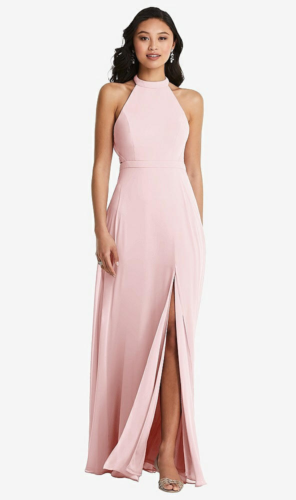 Back View - Ballet Pink Stand Collar Halter Maxi Dress with Criss Cross Open-Back