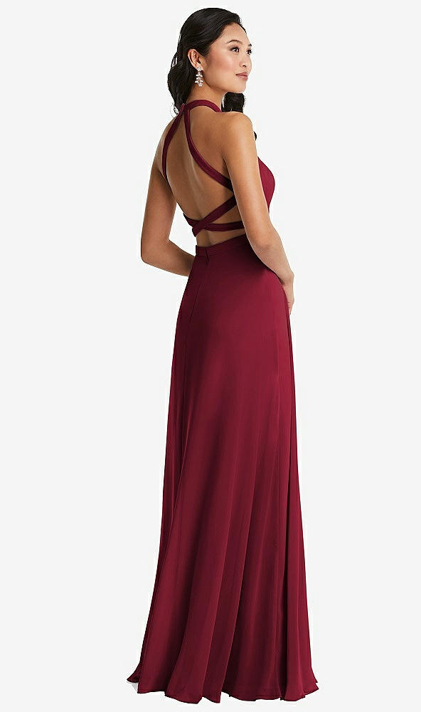 Front View - Burgundy Stand Collar Halter Maxi Dress with Criss Cross Open-Back