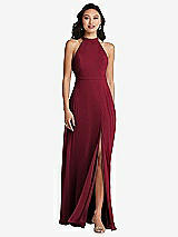 Rear View Thumbnail - Burgundy Stand Collar Halter Maxi Dress with Criss Cross Open-Back