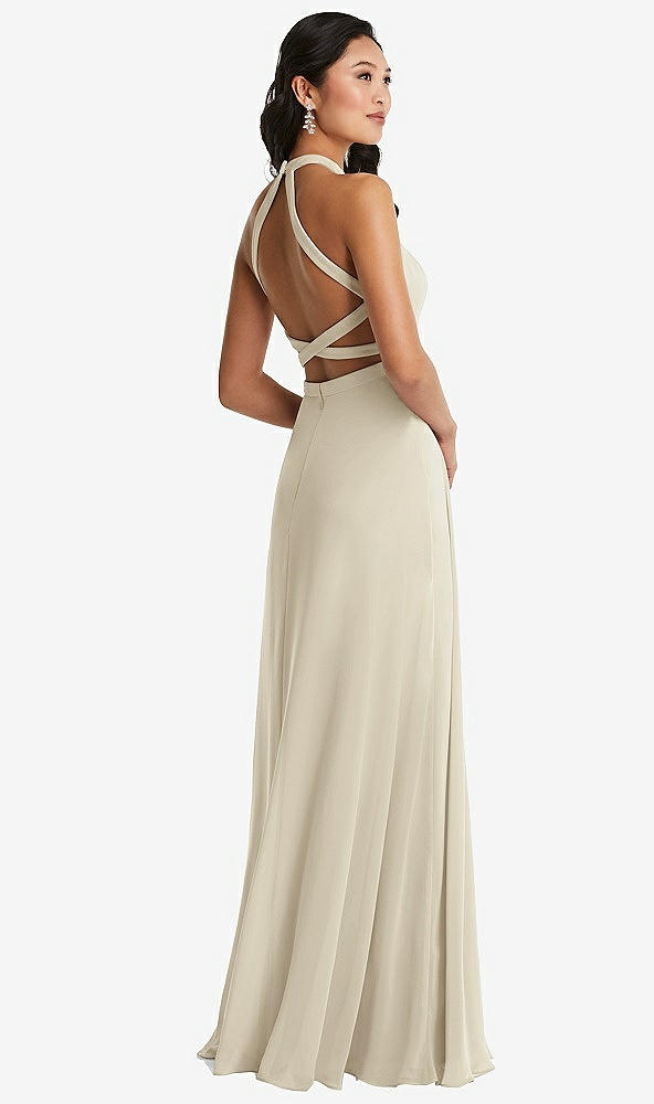 Front View - Champagne Stand Collar Halter Maxi Dress with Criss Cross Open-Back