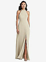 Rear View Thumbnail - Champagne Stand Collar Halter Maxi Dress with Criss Cross Open-Back