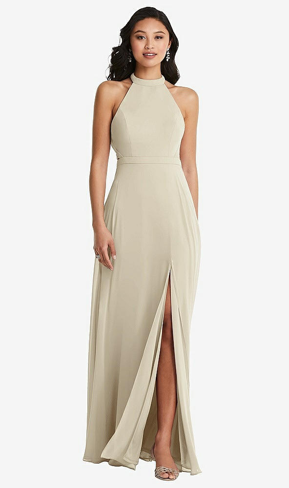 Back View - Champagne Stand Collar Halter Maxi Dress with Criss Cross Open-Back