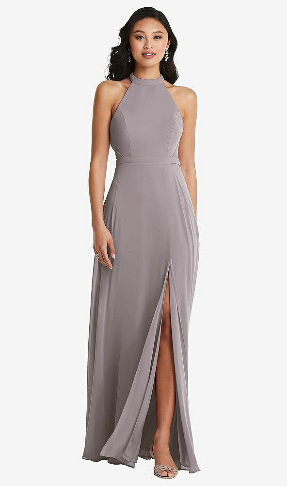 Back View - Cashmere Gray Stand Collar Halter Maxi Dress with Criss Cross Open-Back