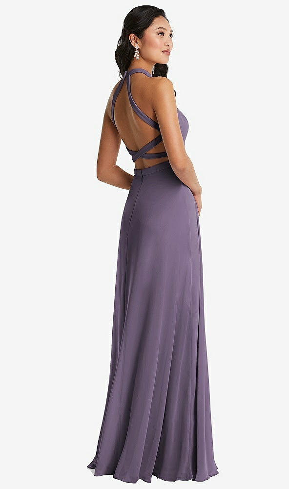Front View - Lavender Stand Collar Halter Maxi Dress with Criss Cross Open-Back