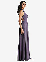 Side View Thumbnail - Lavender Stand Collar Halter Maxi Dress with Criss Cross Open-Back