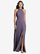Rear View Thumbnail - Lavender Stand Collar Halter Maxi Dress with Criss Cross Open-Back