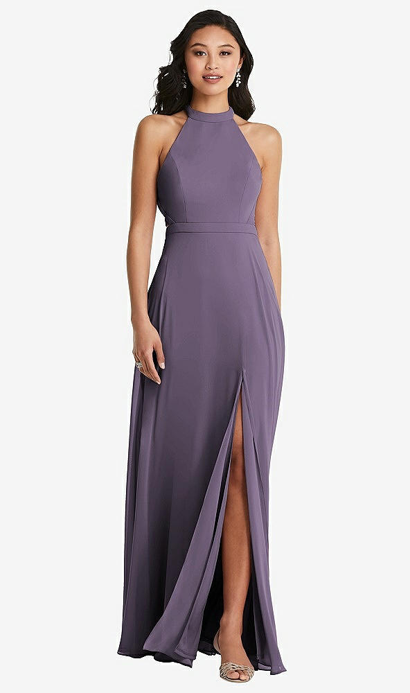 Back View - Lavender Stand Collar Halter Maxi Dress with Criss Cross Open-Back