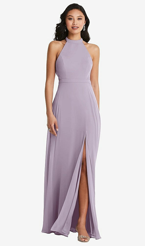 Back View - Lilac Haze Stand Collar Halter Maxi Dress with Criss Cross Open-Back