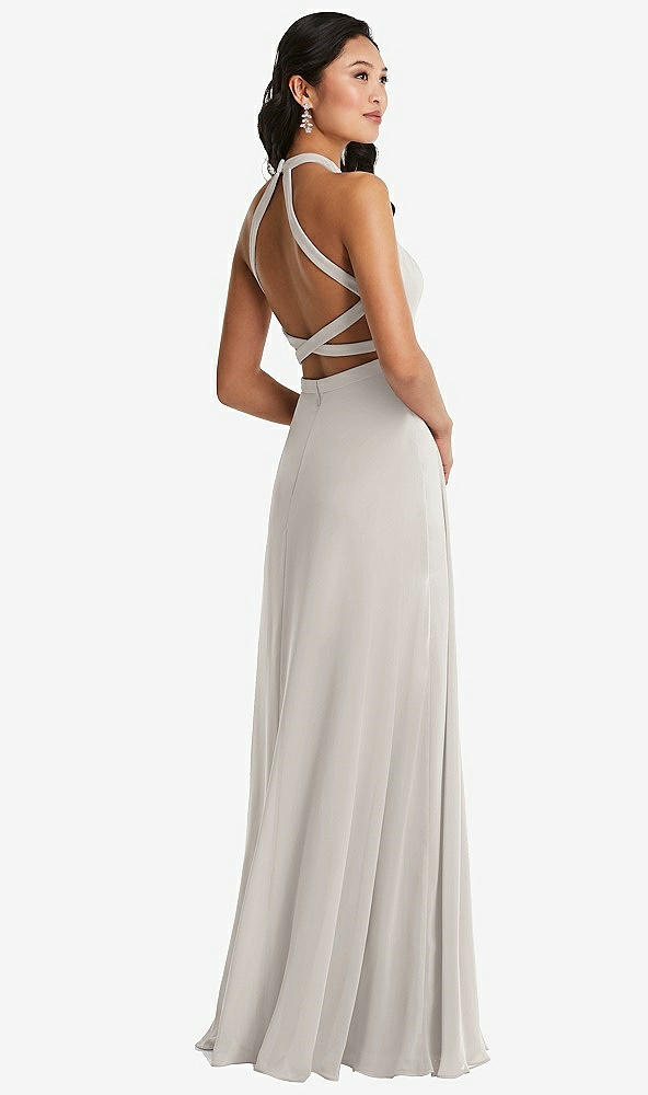 Front View - Oyster Stand Collar Halter Maxi Dress with Criss Cross Open-Back