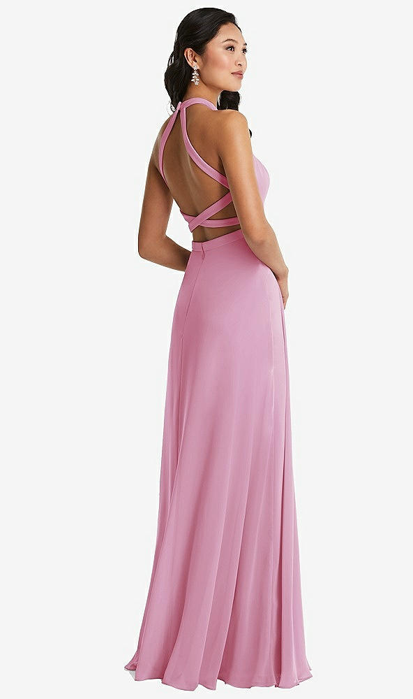 Front View - Powder Pink Stand Collar Halter Maxi Dress with Criss Cross Open-Back