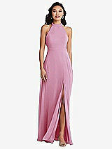 Rear View Thumbnail - Powder Pink Stand Collar Halter Maxi Dress with Criss Cross Open-Back