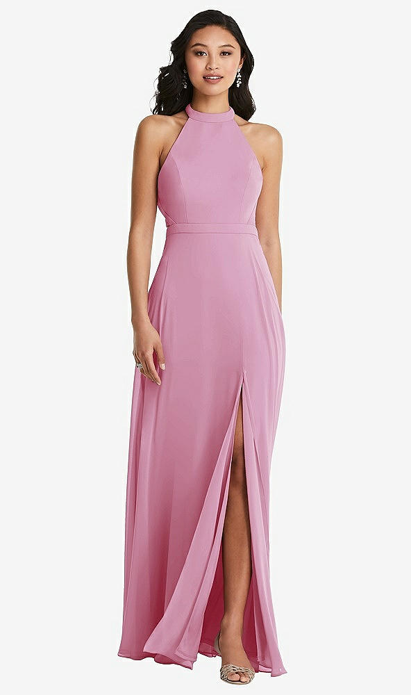 Back View - Powder Pink Stand Collar Halter Maxi Dress with Criss Cross Open-Back