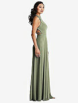 Side View Thumbnail - Sage Stand Collar Halter Maxi Dress with Criss Cross Open-Back